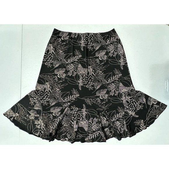 JKLA California Embroidered A Line Black Floral Skirt Ruffle Hem‎ Stretch Sz M - Picture 1 of 6